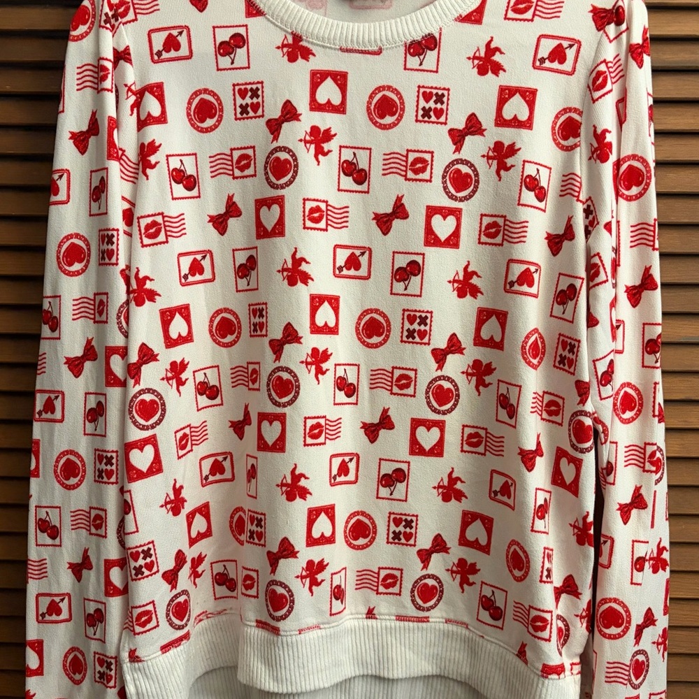 Lucky Brand White Sweater with Red Love Icons & Cherub Print